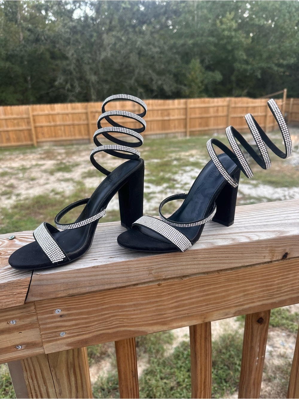 Charlotte Russe Black Spiral Wrap Heeled Sandals with Rhinestones